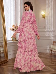 Women's Floral Print Stand Collar Lantern Sleeve Ruffled Hem Long Elegant Dress - Hot Pink - View 2