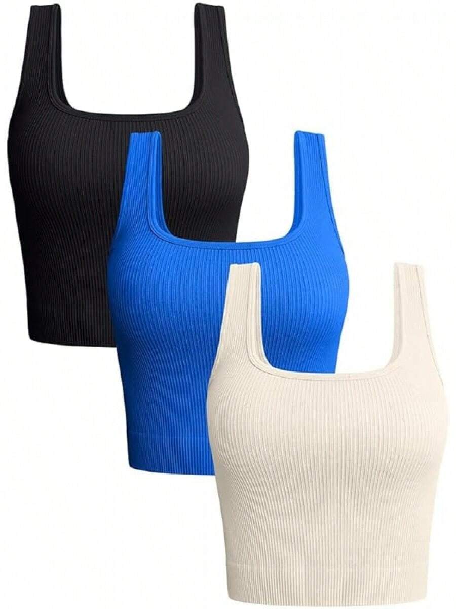 OQQ Women's 3 Piece Tank Tops Ribbed Seamless Workout Exercise Shirts 2025 Summer Basic Camis - Black Blue Beige - View 1