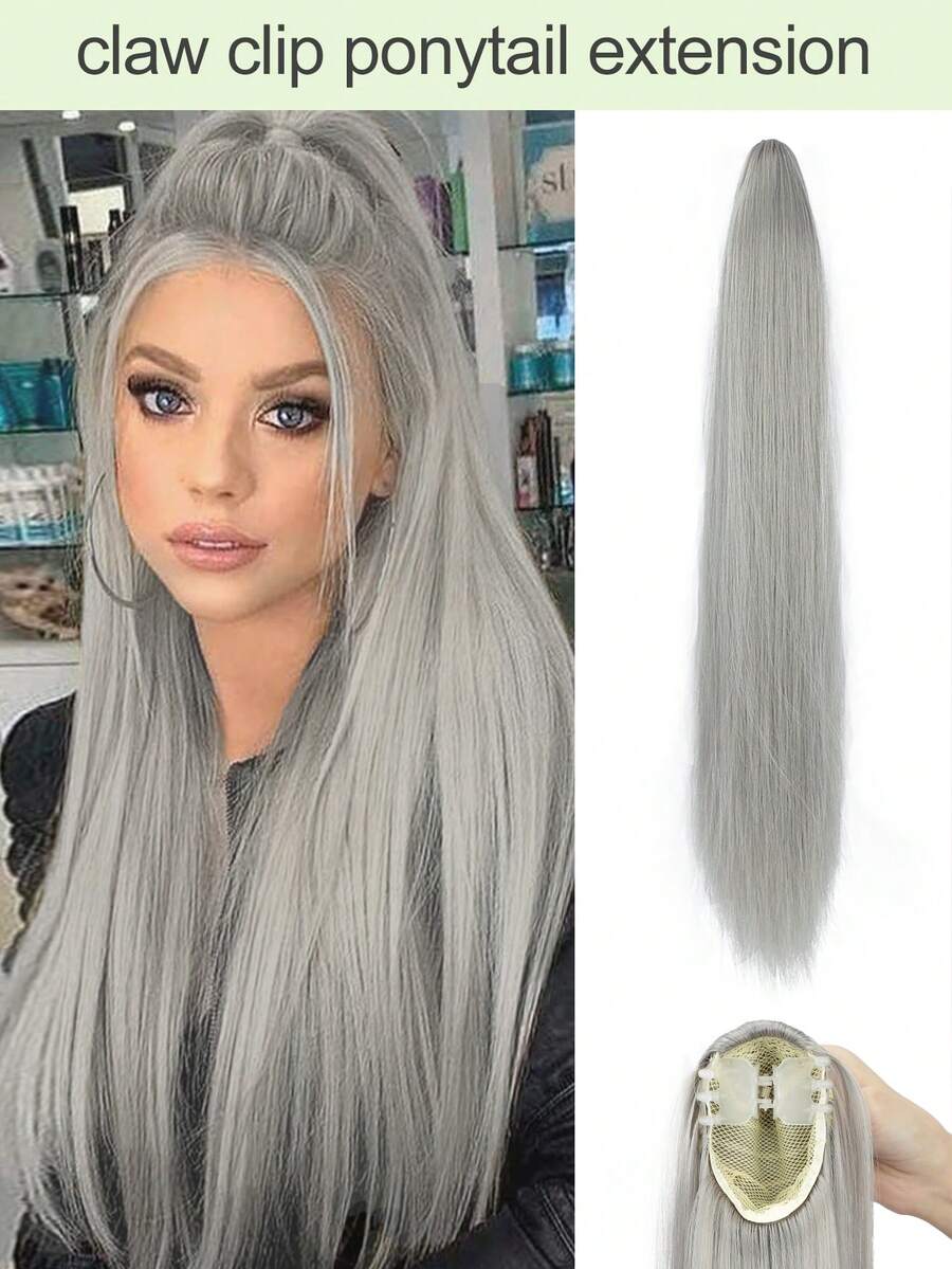 24 Inch Long Straight Ponytail Hair Extensions, Clip-In Synthetic Fiber Ponytail For Women, Natural Daily Use (Gray) - Grey - View 1