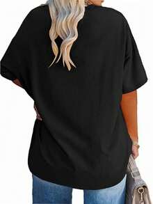 QGEMANWU Women's Loose Basic T Shirt Summer Half Sleeve Round Neck Soft Casual Top - 黑色 - 查看 2