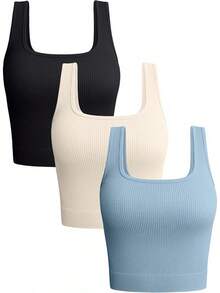 OQQ Women's 3 Piece Tank Tops Ribbed Seamless Workout Exercise Shirts 2025 Summer Basic Camis - trắng - Xem 6