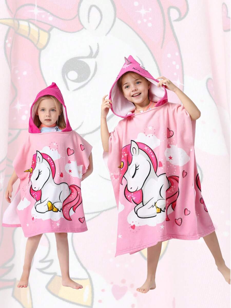 1PC Pink Mermaid Soft Microfiber Swim Cover-Ups For 3 To 10 Years Old Kids Hooded Bath Beach Poncho Towels