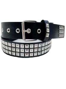 1 Pc Metal Punk Rock Rivet Belt Punk PU Leather Belt Threads Studded Goth Belt With Pyramid Studs For Women Men - Black - View 3