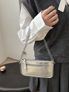 Geantă plic, poșetă clutch la modă, geantă de mână pentru femei argintiu metalic, geantă de mână cu umăr cu lanț, geantă pătrată mică cu fermoar - Argintiu strălucitor - Vizualizare 6