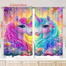 Set de 2 cortinas con estampado de unicornio mágico y flores - Vibrante arcoíris y estrellas brillantes, 100% poliéster, adecuado para dormitorio, sala de estar, decoración del hogar