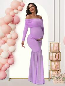 JustVH Maternity Long Sleeve Off Shoulder Dress Solid Color Mesh Paneled Split Hem Gown For Baby Shower Photoshoot Party - Violet Purple - View 5