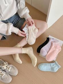 14 Pairs Women Assorted Cute Ruffle Trim Fresh Small Polka Dot Socks, Fashion Style, Breathable Short Tube Socks - Multicolor - View 5