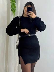Knitted Midi Dress In Mousse Yarn With Slit Long Sleeves Winter - 黑色 - 查看 2