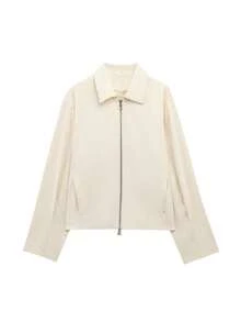 女士拉链外套宽松长袖休闲新款外套2024时尚女式飞行员夹克短款夹克 - 米色 - 查看 1