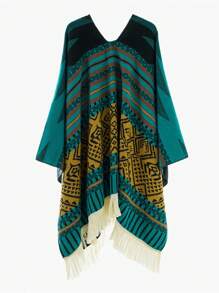 1pc Men's Striped Totem Travel Wrap Shawl With Tassels, Warm Patterned Poncho For Photography & Casual Wear