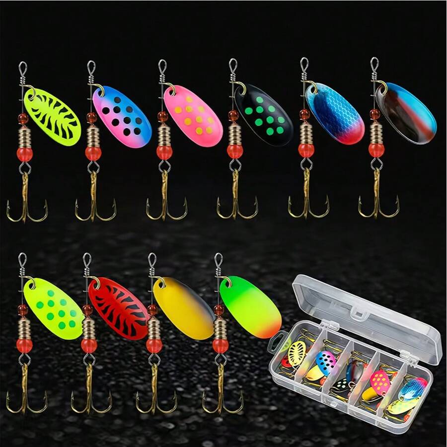 Estuche de 10 piezas Conjunto de lentejuelas giratorias de largo alcance, lentejuelas metálicas pintadas en varios colores, señuelo de pesca de 3 ganchos