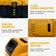 IKUNQUAN 2/4 Packs Replacement Battery For Dewalt 20V Battery Lithium-Ion 8.0Ah With LED Indicator For Dewalt DCB118 DCB102 DCB115 DCB105 And All DeWalt 20V Cordless Power Tools - Yellow - View 5