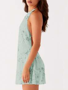 Women Floral Print Halter Neck Backless Mini Dress Summer Elegant Y2K Sequin A-Line Waist Slim Sundress - Green - View 5