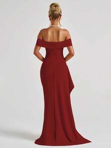 Sexy Off Shoulder Slit Elegant Fitted Long Formal Dress, Super Long Wedding Gown, Bridesmaid Dress, Christmas Party Dress, Cocktail Gala Dress - Burgundy - View 9