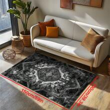 1pc Luxury Black & Gray Vintage Boho Area Rug With American Creative Elements, Rectangular Soft & Anti-Slip Carpet For Outdoor, Entryway, Living Room, Bedroom, Laundry Room, Bathroom, Game Room, Machine Washable, Home Decor
