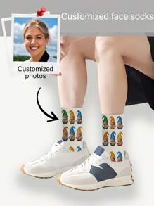 1 Pair Men's Custom Face Print Mid-Calf Socks, Personalized Easter Pattern Socks, Holiday Gift Socks