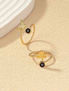 2pcs/Set European & American Beach Resort Butterfly Leaf Rhinestone Anklet - Black - View 2