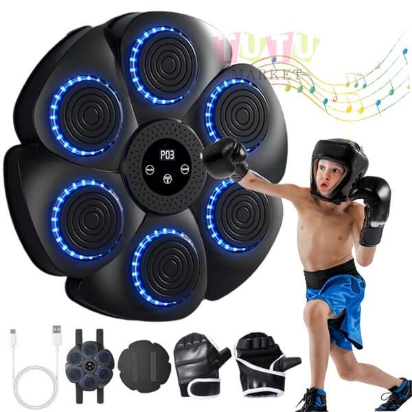 Máquina de boxeo musical, entrenador de boxeo, máquina de boxeo de pared, máquina de boxeo musical con Bluetooth, máquina de ejercicio de boxeo con guantes de boxeo, máquina de boxeo inteligente con Bluetooth de pared con guantes de boxeo, máquina de boxeo musical inteligente portátil, almohadilla de entrenamiento de boxeo inteligente con Bluetooth, almohadilla de práctica de boxeo electrónica de pared, herramienta de ejercicio, entrenamiento de boxeo, equipo de boxeo, entrenamiento en interiores, resistente y duradera, máquina de boxeo inteligente para niños y adultos (negro)