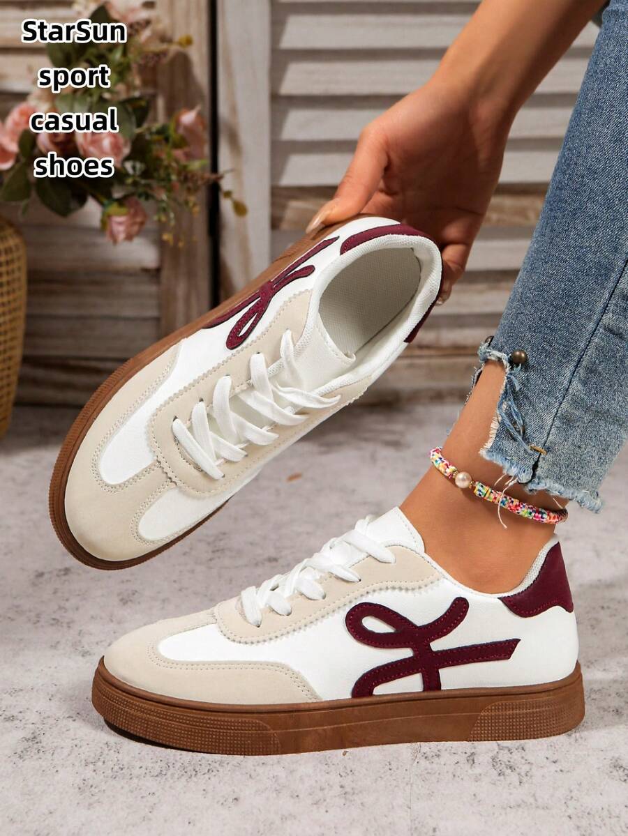 女士拼接绒面革多功能时尚休闲鞋，平底防滑系带圆头橡胶底休闲运动鞋，复古拼色休闲厚底鞋，日常穿着 - 酒紅色 - 查看 1