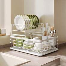 NetHong Large Kitchen Sink Dish Drainer Rack With Drip Tray And Plate Cutlery Holder UK - White - View 2