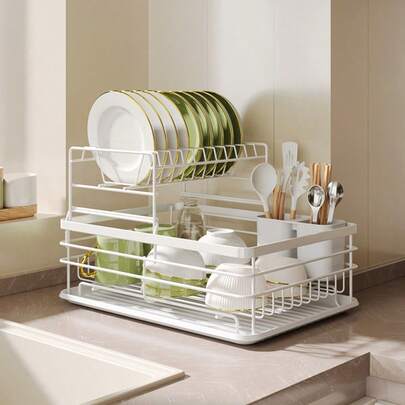 NetHong Large Kitchen Sink Dish Drainer Rack With Drip Tray And Plate Cutlery Holder UK