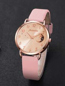 3 件套女士时尚休闲月亮和星星数字表盘石英腕表套装，不含表盒