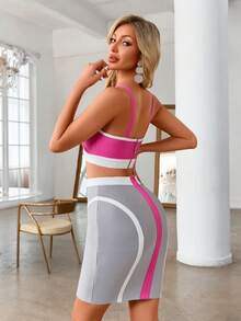 Women's Fashion Elegant Spaghetti Strap Short Bodycon Embellished Hollow Out Two Pieces Dress Summer Set Top And Skirt Bandage Dress Pink And Grey Cocktail Evening Party Dress Sexy Outfit Clothes - Pink - View 6