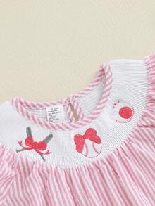 Toddler Baby Girl Baseball Outfit Short Sleeve Baseball Embroidery Smocked Dress Polo A-Line Dress Sprots Summer Clothes - Pink - View 5