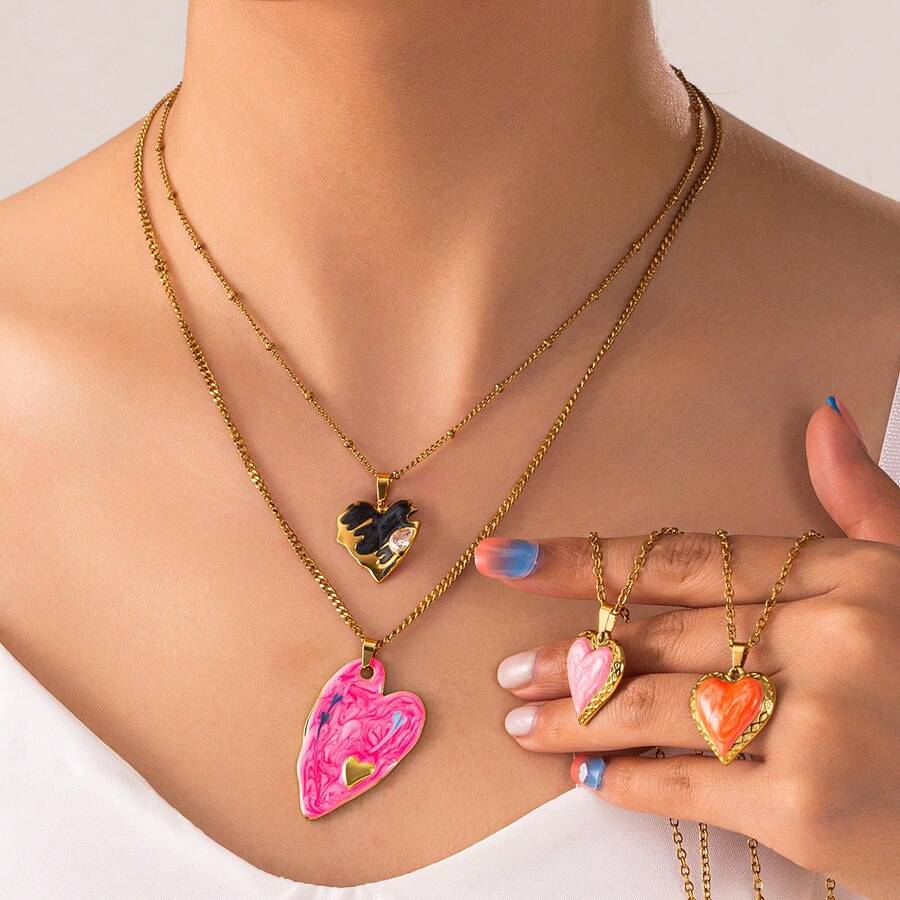 1pc Retro Colorful Drip Oil Heart Shaped 18K Gold Plated Stainless Steel Pendant Necklace, Fashionable Jewelry Gift For Stylish Lover - Gold - View 1