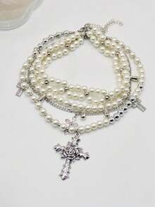 5-Layer Elegant Silver Cross & Faux Pearl Pendant Necklace For Men & Women - Multicolor - View 8