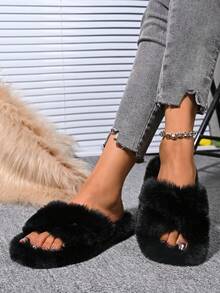 Pantuflas blancas y esponjosas para mujer, de moda y adorables, antideslizantes y a prueba de ruido para interior, para todas las temporadas - Negro - Ver 6