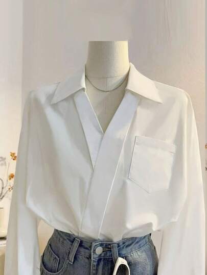 女士时尚 V 领白色长袖衬衫，韩版宽松休闲办公室上衣