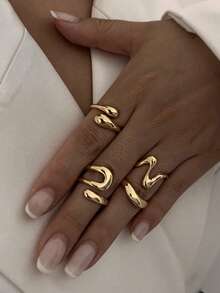 3 件简约朋克风格复古不对称镂空可堆叠戒指首饰套装，适合女性日常佩戴、度假、节日礼物 - 戒指套裝3 - 查看 2