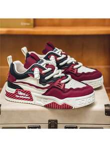 New Men's Casual Niche Low-Top Designed Skateboard Shoes, Versatile Thick Sole Sporty Sneakers, Fashion Color Blocking - Burgundy - View 1