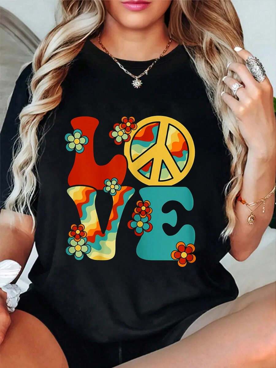 100% Cotton Love Peace Sign 60's 70's Costume Party Outfit Groovy Hippie T-Shirt - 黑色 - 查看 1