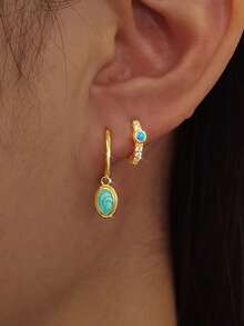 2pcs 925 Sterling Silver Earrings, Retro Elegant Geometric Oval Enamel Pendant Earrings, Suitable For Men And Women Daily Party Wear Low Allergy Earrings, Perfect Birthday, Valentine's Day, Easter, Halloween Jewelry Gifts - Yellow Gold - View 1