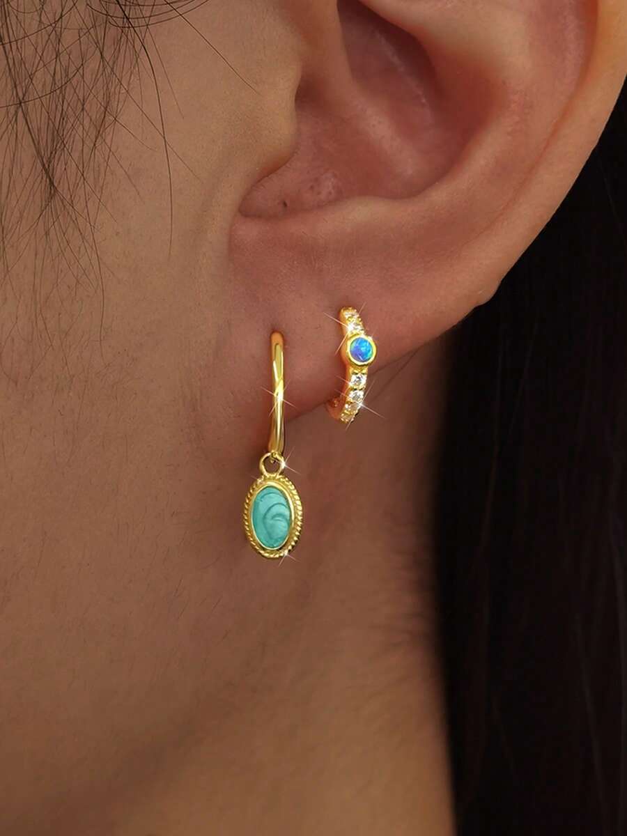 2pcs 925 Sterling Silver Earrings, Retro Elegant Geometric Oval Enamel Pendant Earrings, Suitable For Men And Women Daily Party Wear Low Allergy Earrings, Perfect Birthday, Valentine's Day, Easter, Halloween Jewelry Gifts - Yellow Gold - View 1