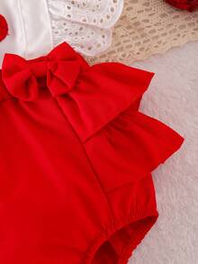 Conjunto de 2 piezas para bebé niña: body con bloqueo de color, bordado de cereza y volantes, con diadema - Blanco - Ver 9