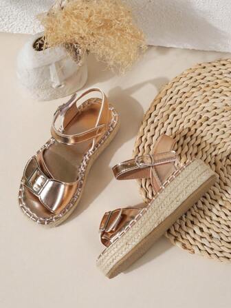 1 Pair Girls Linen Casual Platform Hook And Loop Sandals, Suitable For Summer