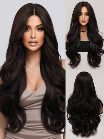 Enkel svart brun lång lockig peruk 26 tum fluffig look Andningsbar Lätt med mitten delad lugg Syntetfiberperuk Damdagsfest Peruk Musikfestival Mode Romantisk Alla hjärtans dag Peruk Urban Mode Peruk