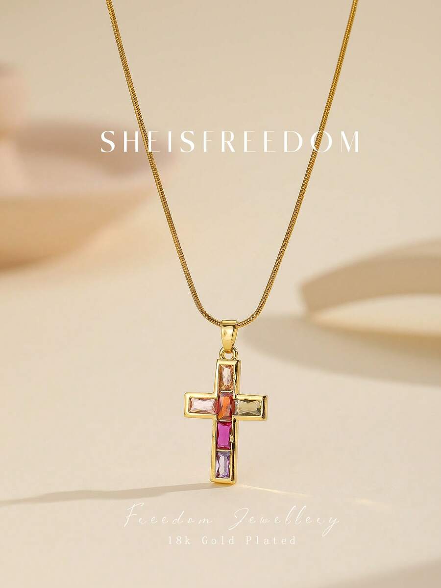 SHEISFREEDOM High Quality Casual Daily 1 Piece Fashionable Zirconia Creative Cross Pendant Necklace For Women,Elegant & Unique Design Jewelry, Delicate & Simple Style, Golden Titanium Steel Snake Chain Collarbone Chain,Suitable For Dates & Vacations & Women's Daily Casual Wear Accessory And Festival Anniversary Gift With Gift Box