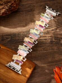 1 件女式创意时尚彩色不对称几何弹性锌合金手链表带兼容 Apple Watch 38 毫米 40 毫米 41 毫米 42 毫米 44 毫米 45 毫米 49 毫米适用于 Ultra Ultra 2 SE 9 8 7 6 5 4 3 2 1 - 七彩銀色 - 查看 3