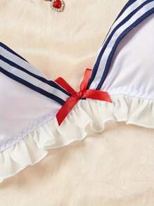 2 Peças Conjunto de Lingerie Sexy Inspirado em Temas Náuticos - Detalhes em Babado, Acentos em Laço, Sutiã com Armação e Calcinha para Jogo de Papel Erótico