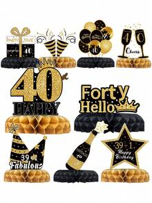9 件黑金生日蜂窝中心装饰，30/40/60/70/50 岁生日快乐桌面纸质装饰，30/40/60/70/50 岁生日派对装饰，生日庆祝礼品，新娘送礼会礼品，周年纪念用品，节日派对用品，桌面中心装饰 - 黑金生日 - 查看 4