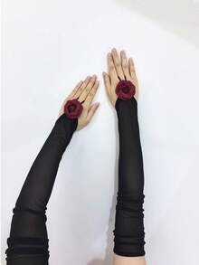 1 Pair Solid Color Elegant Women Finger-Less 48cm Gloves, Suitable For Birthday Party, Performance, Bachelorette Party, Spring/Summer - Camellia Hook Finger - View 2