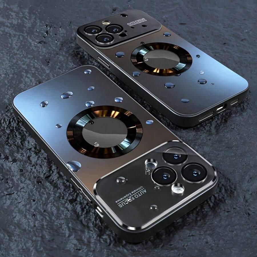 Funda de teléfono inalámbrica de carga magnética de metal de titanio mate de lujo, compatible con Apple 17 16 15 14 13 12 Pro Max Plus 11, con gran ventana de vidrio, protección de la lente de la cámara y cubierta trasera resistente a golpes