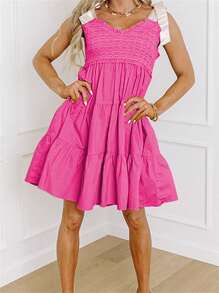 Women's Summer Pleated Cami Dress Sleeveless Open Back V Neck Above Knee Strappy Dress