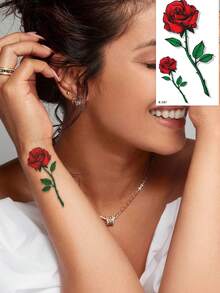 3pcs 3D Red Rose Flower Temporary Tattoo Stickers, Waterproof Fake Tattoo Lasts For 2-5 Days, Suitable For Women And Men, Cover Scars, Can Be Used On Arms, Wrists, Shoulders, Legs, Waist, Neck, Hands, Chest, Thighs, Fingers - Multicolor - View 6