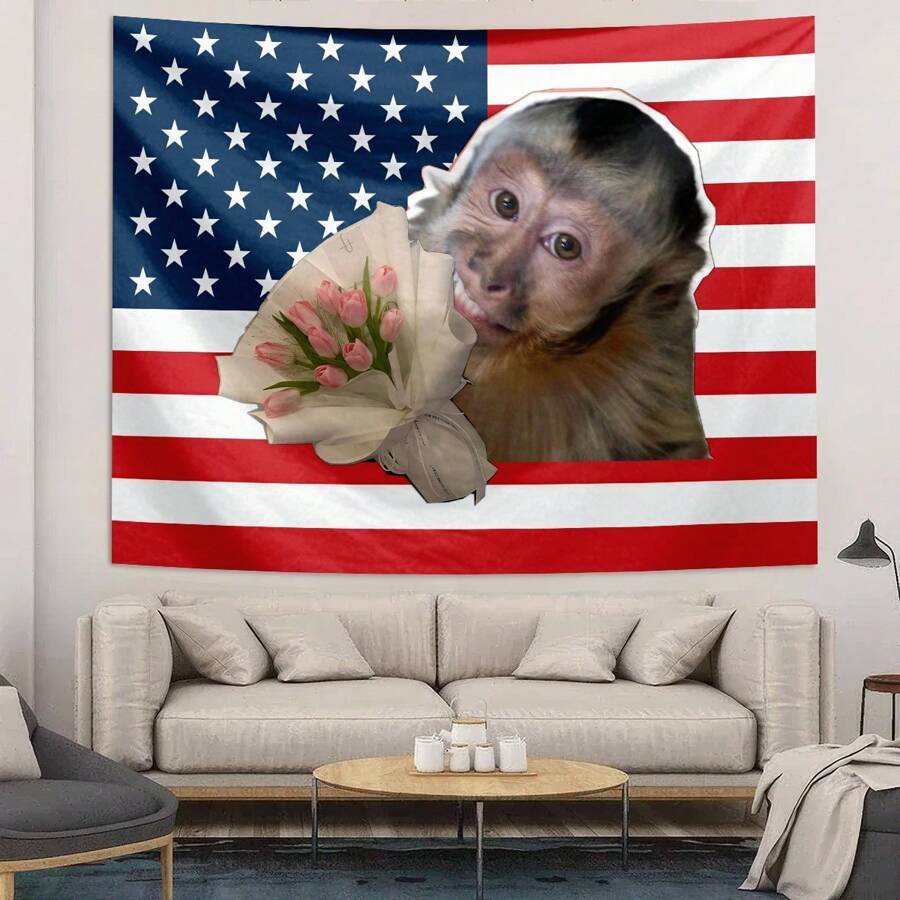 1pc Funny Monkey And Tulip Tapestry With American Flag Background, Decorative Wall Hanging Suitable For Living Room, Bedroom, Office, Humorous Decor, Pet And Floral Theme, All-Season, Made Of Polyester, Comes With 3 Wall Nails And 2 Clips
