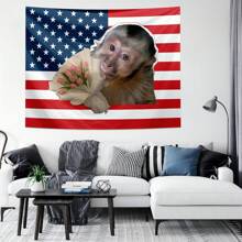 1pc Funny Monkey And Tulip Tapestry With American Flag Background, Decorative Wall Hanging Suitable For Living Room, Bedroom, Office, Humorous Decor, Pet And Floral Theme, All-Season, Made Of Polyester, Comes With 3 Wall Nails And 2 Clips